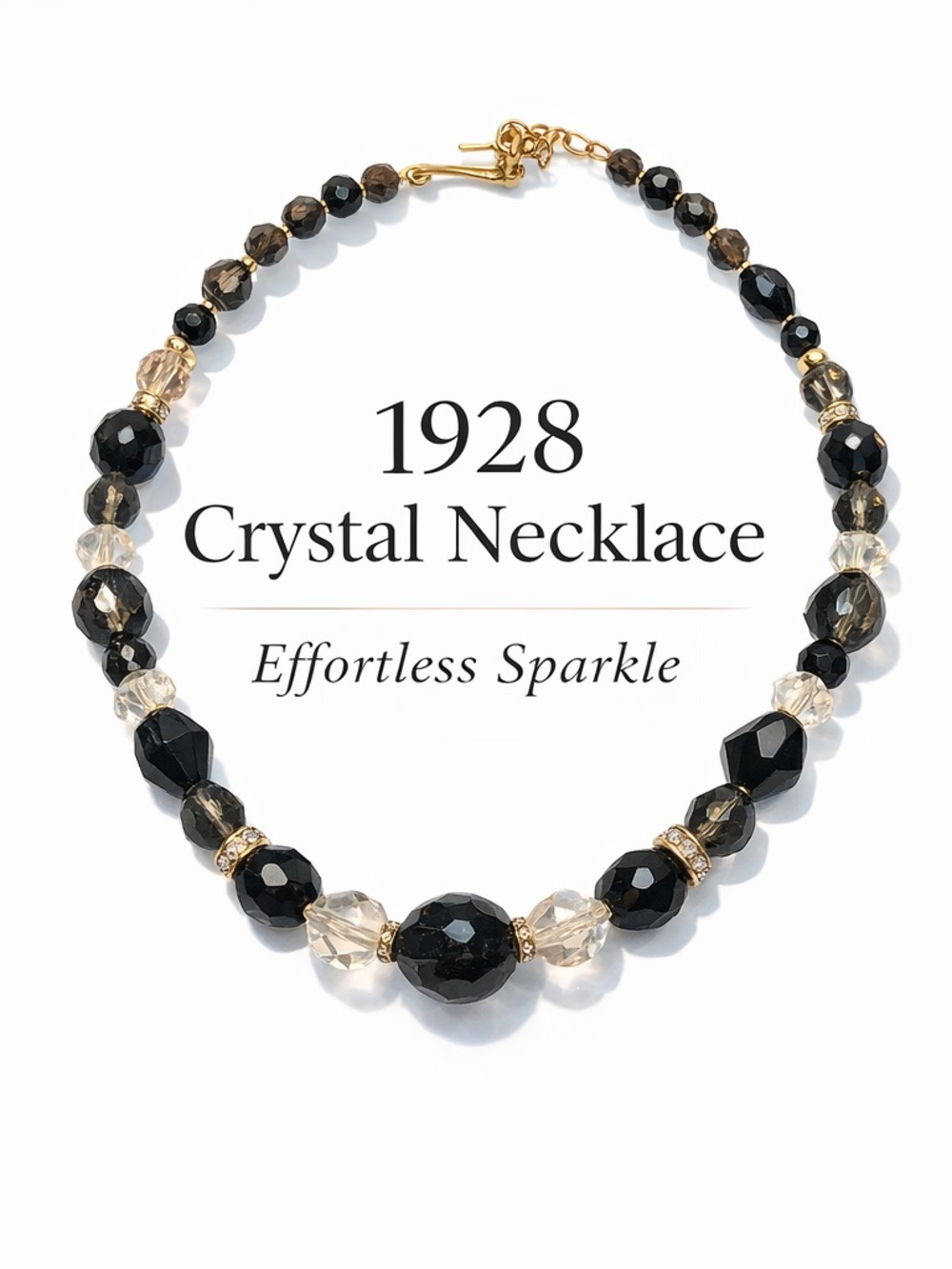 Vintage 1928 Jewelry Black Crystal Necklace Gold Tone Beaded Statement Necklace